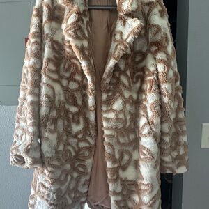 Women's Tan and Cream Faux Fur Coat